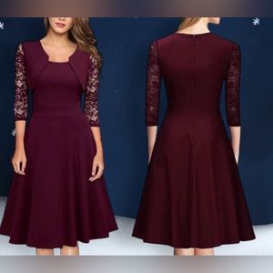 NWT. Vintage Square Neck Floral Lace 2/3 Sleeve Cocktail Swing Dress(KY1023)